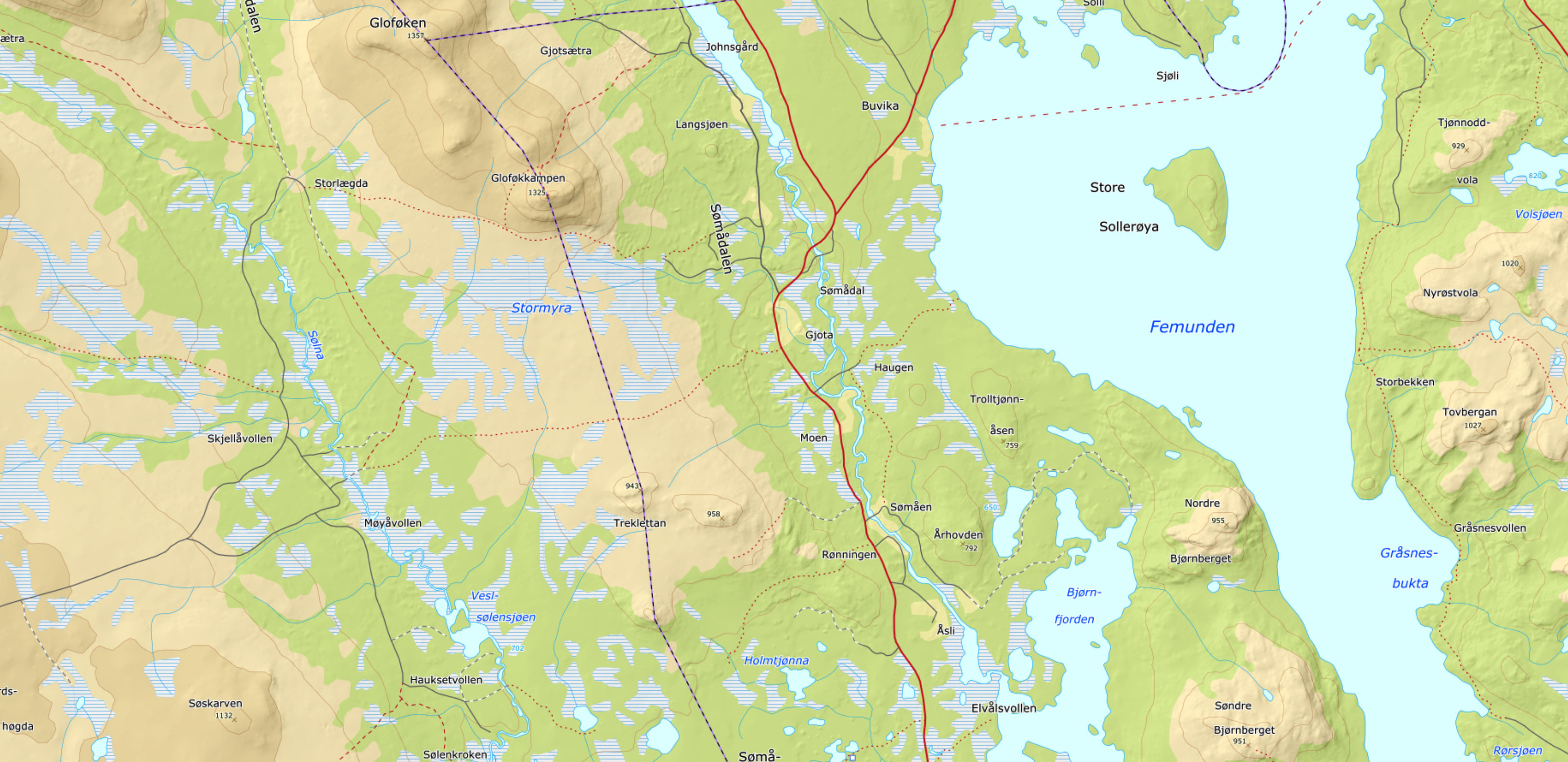 Topografisk kart over norsk fjellterreng med vann
