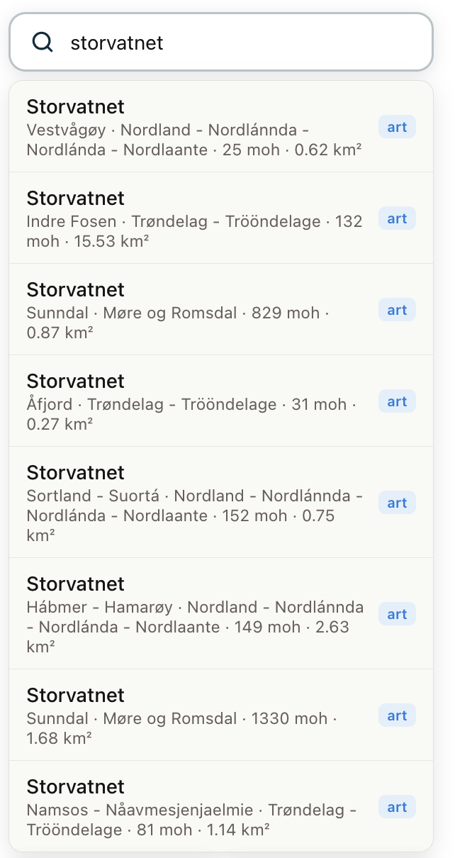 Søk med flere Storvatnet-treff i nedtrekksliste